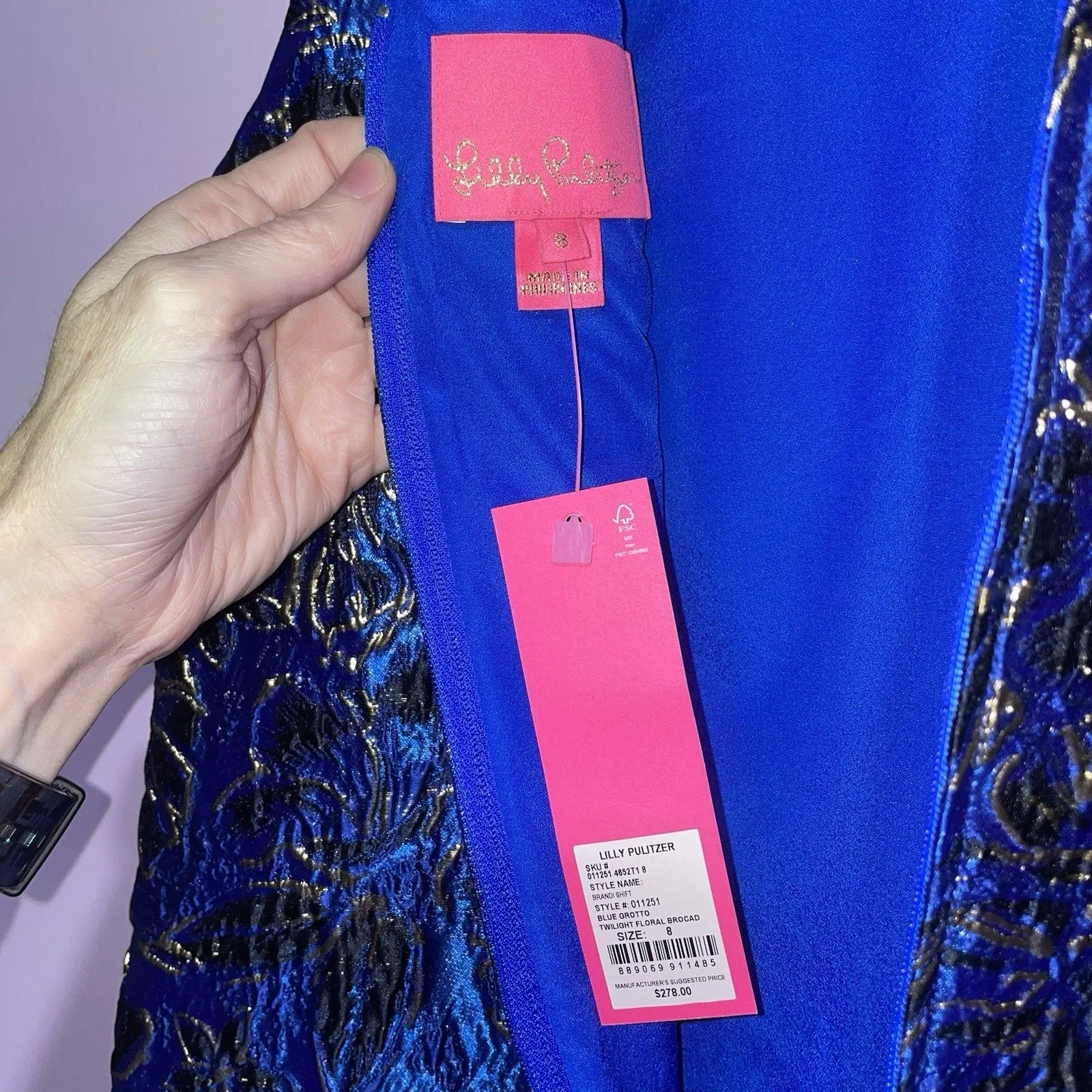 NEW Lilly Pulitzer Brandi Shift Dress Size 8 Blue Grotto Twilight Floral Brocade - Image 6