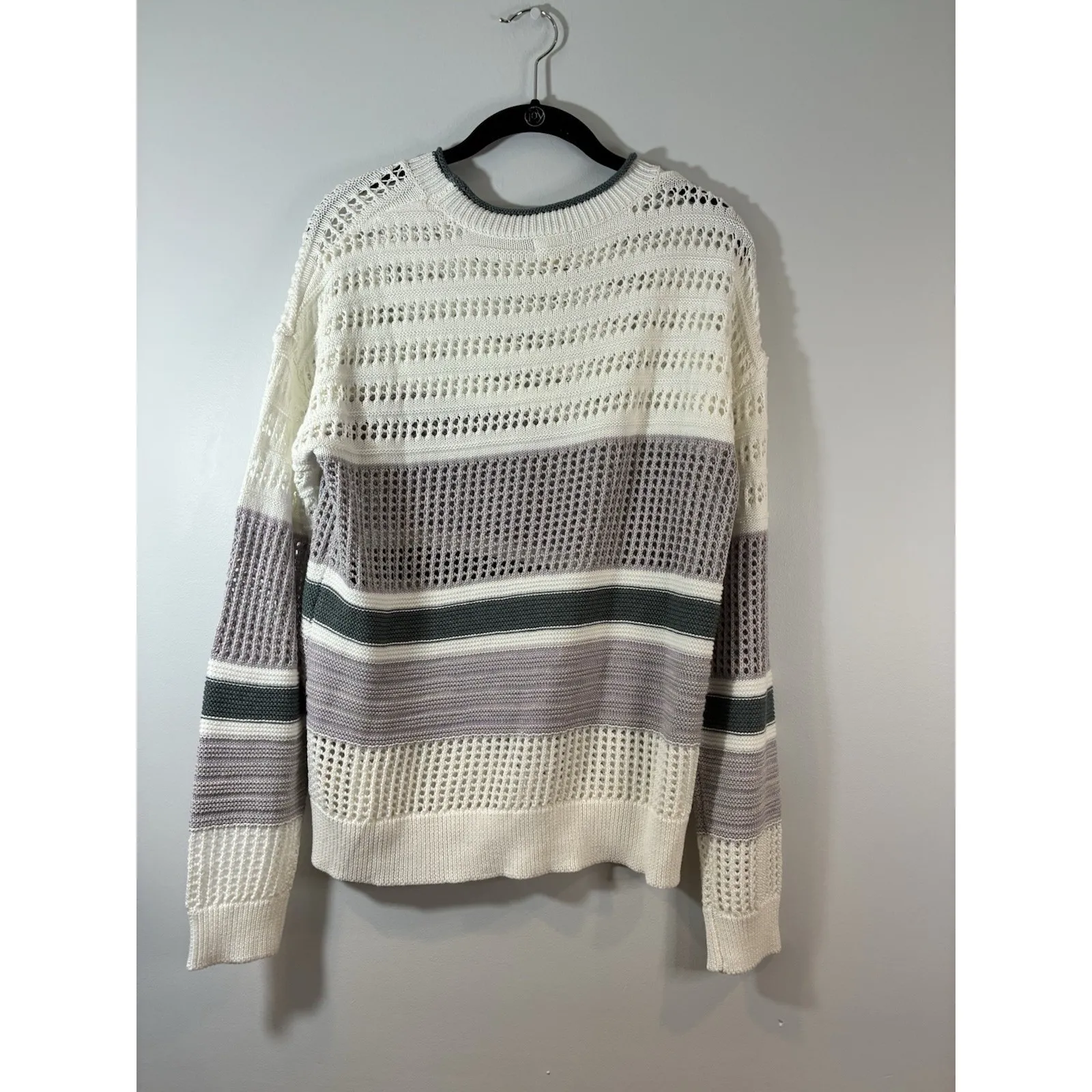 Thread & Hem Striped Open Knit Sweater Cream Grey Green Size M Cotton Blend - Image 3