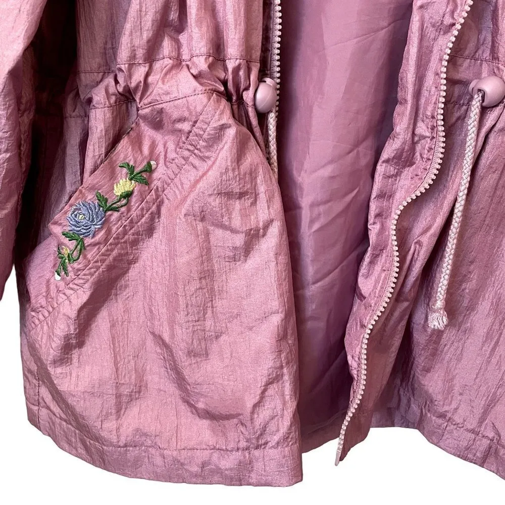 vintage pink nylon overcoat jacket puffed embroidery floral casual large - Image 3