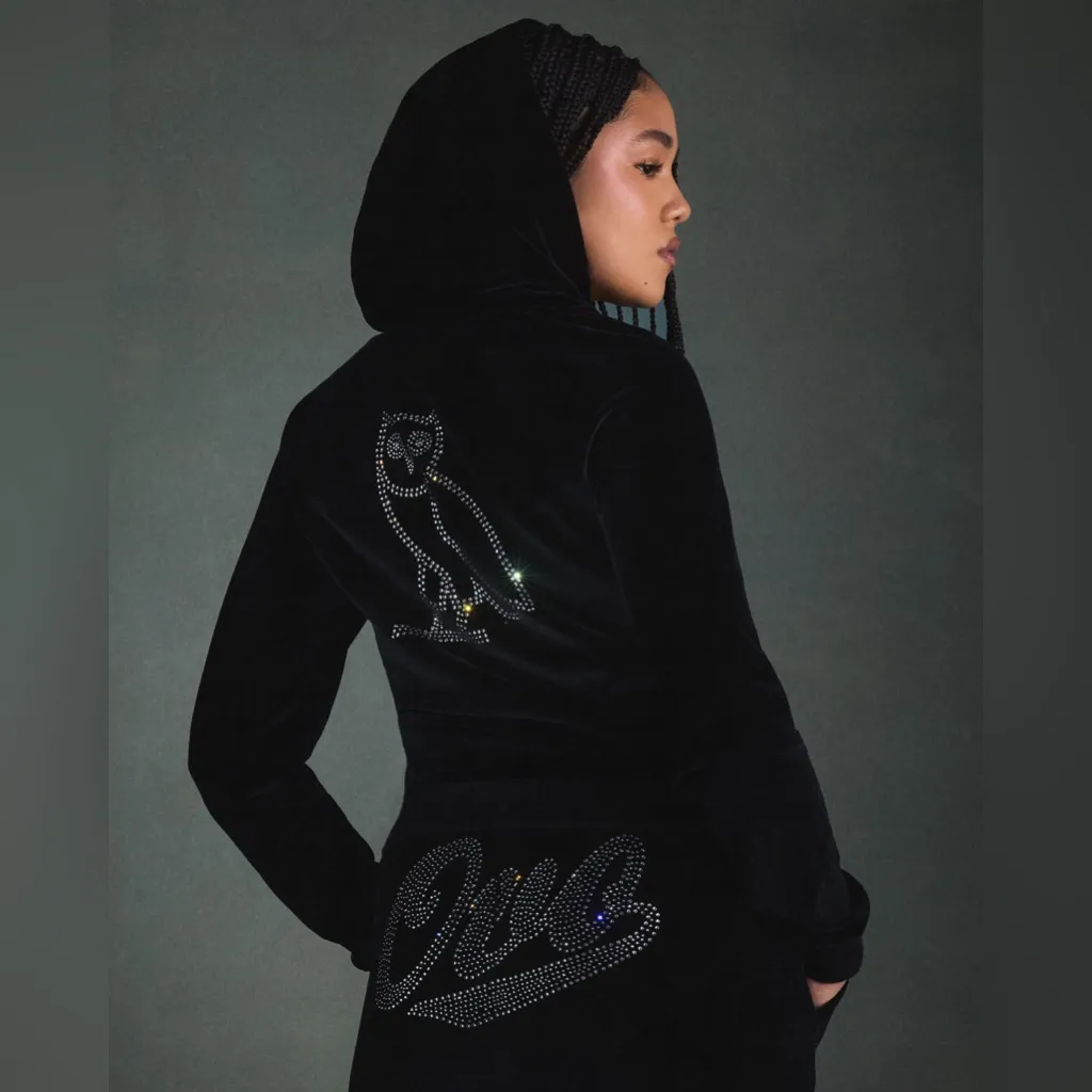 OVO Women’s Velour Crystal Owl Zip Up Hoodie October's Very Own Drake size small Black - Image 2