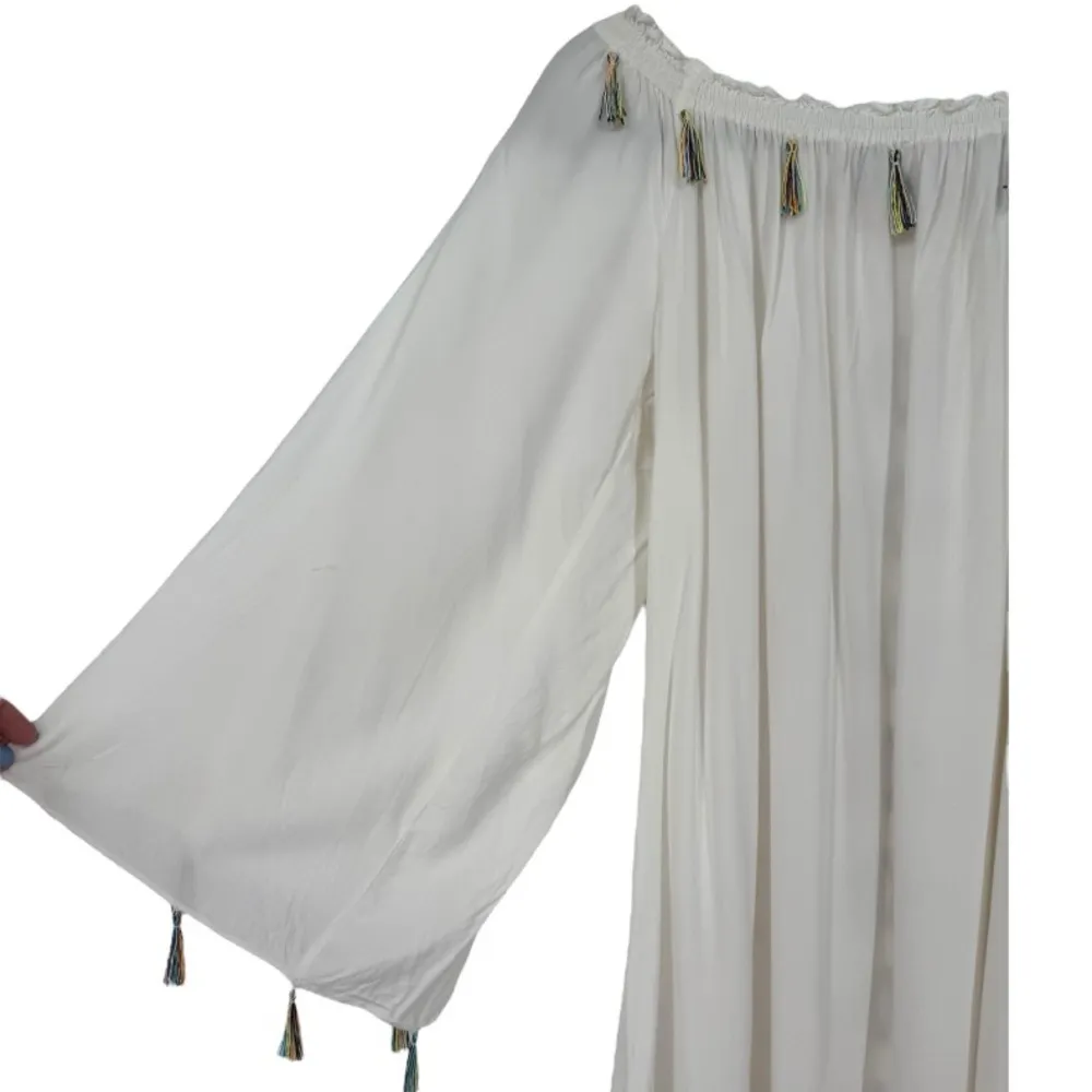 Anthropologie Pia Pauro Embroidered Beaded Tassel Tunic Coverup White Size Large - Image 9