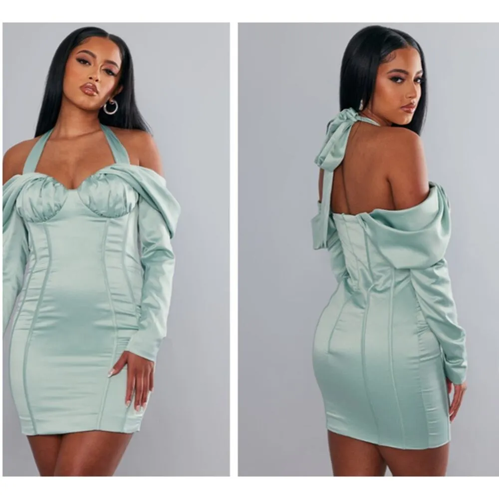 Pretty Little Thing - Constructed Satin Draped Bardot Bodycon Dress in Sage - Image 5
