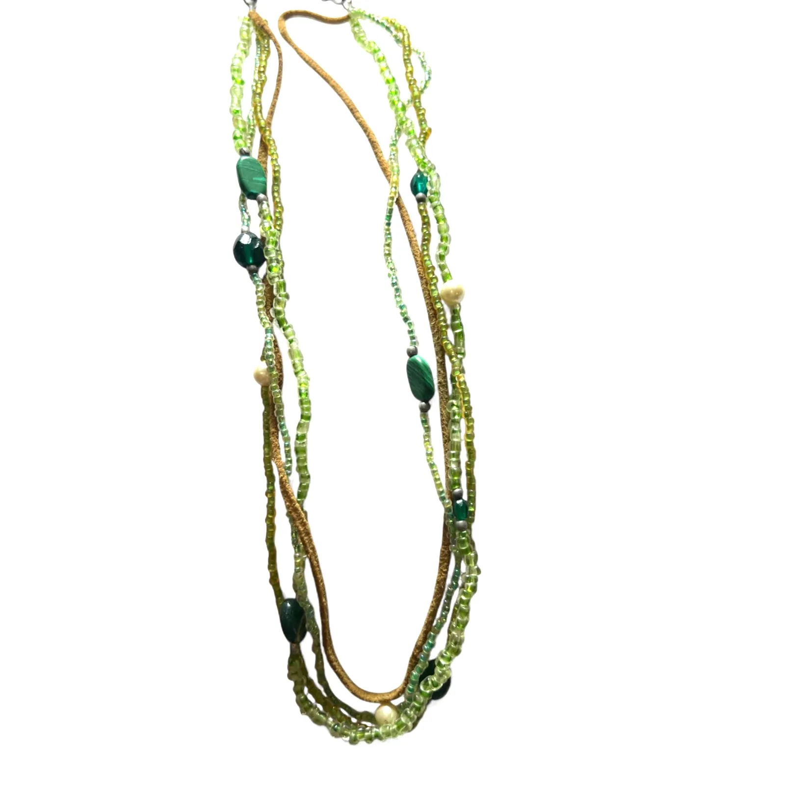 Necklace Serpentine Snake Pendant Layered Glass Seed Beads Green Short Leather - Image 2