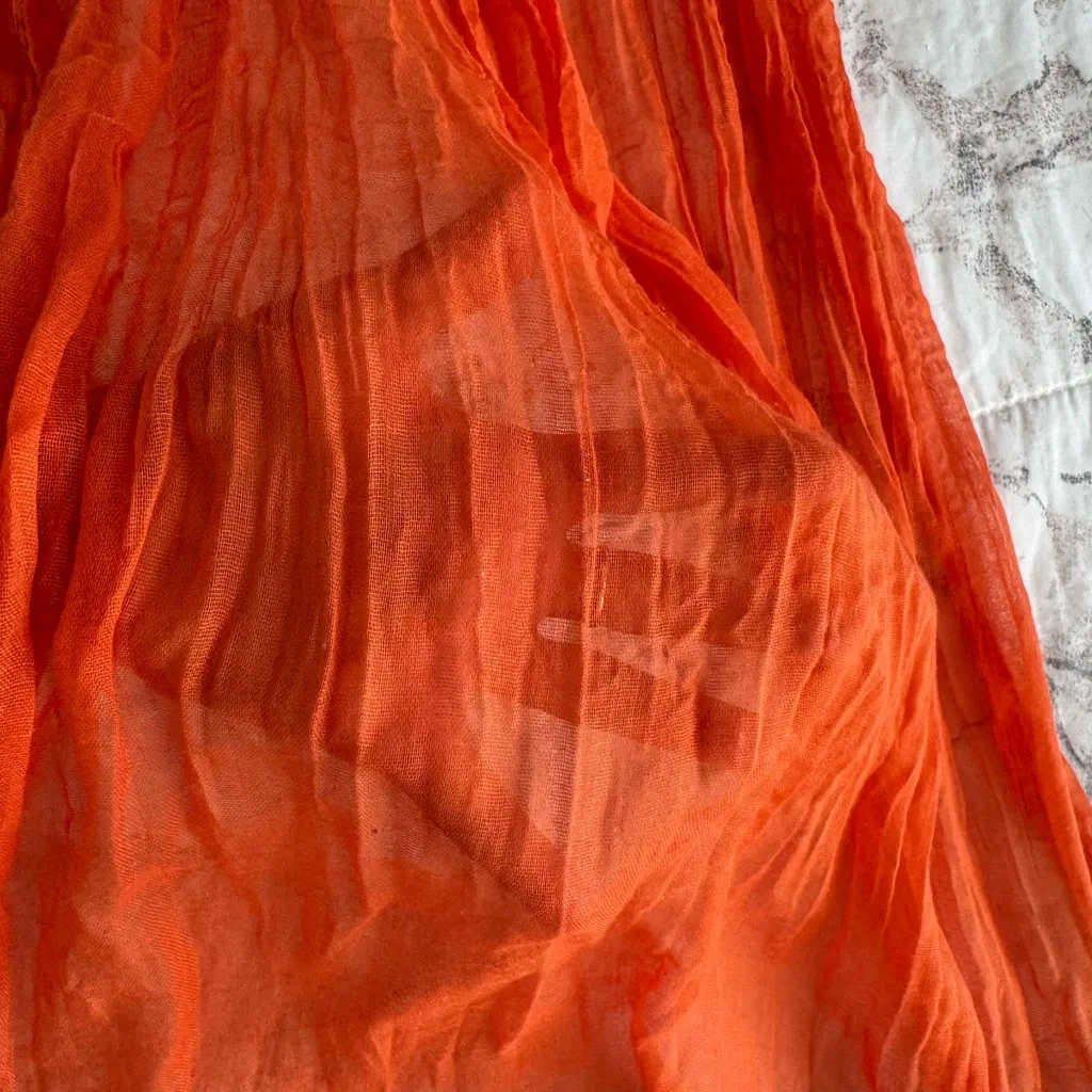 Vibrant Orange semi sheer gauzy shawl wrap Scarf, size 110x27 bohemian vacation - Image 8