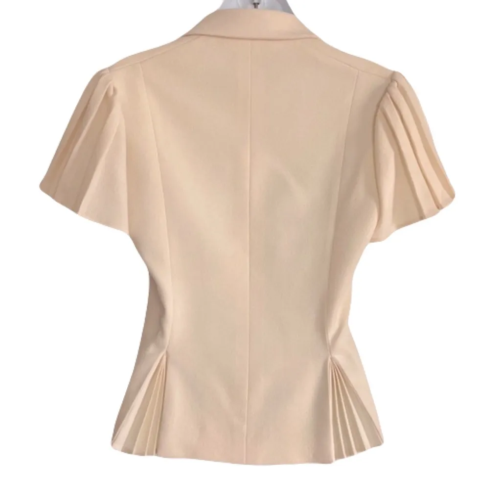 Valentino Ivory Stretch Wool Crepe Pleated Short Flutter Sleeve Blazer, Size 6 - Image 3