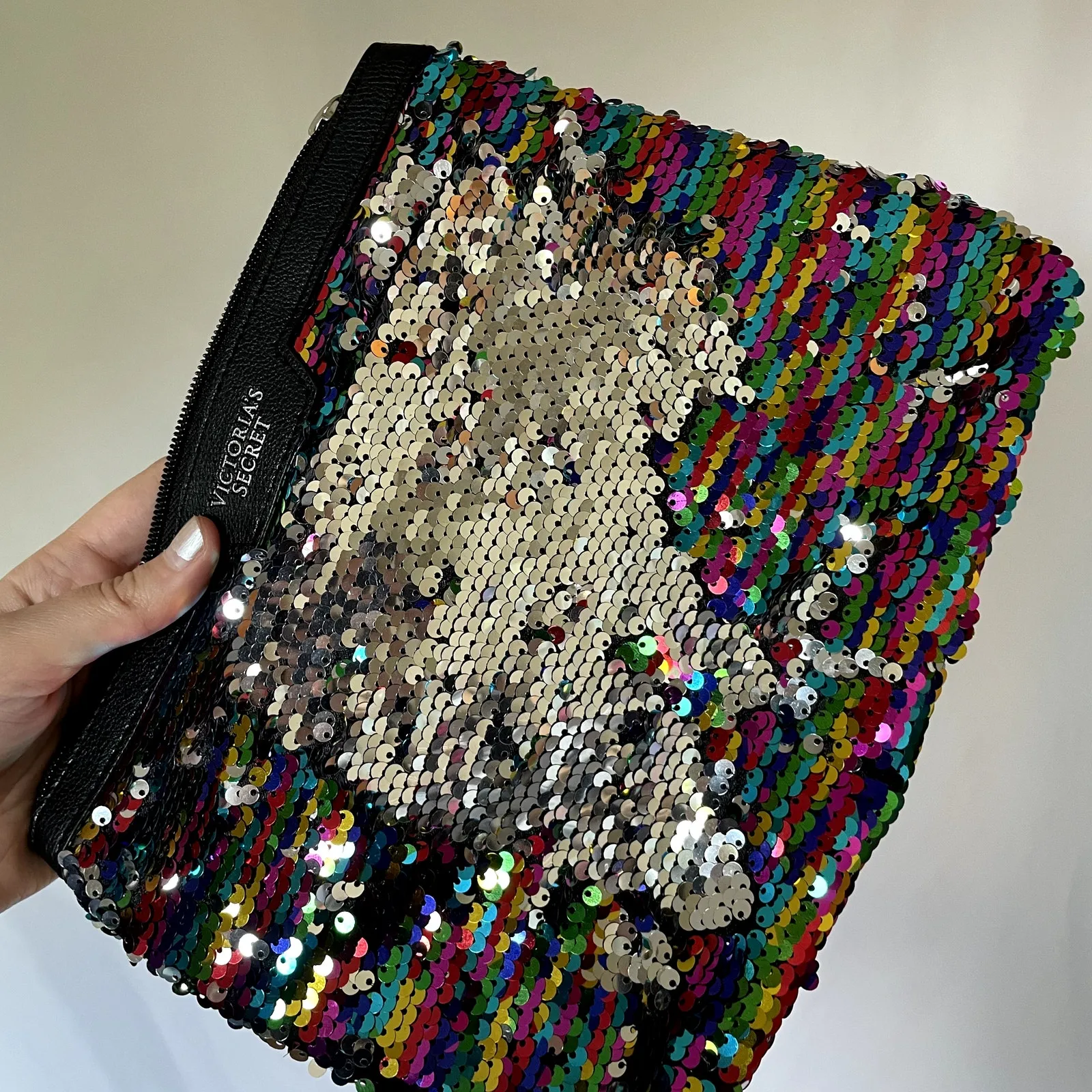 Victoria's Secret rainbow reversible flip sequins black leather clutch bag zip - Image 5