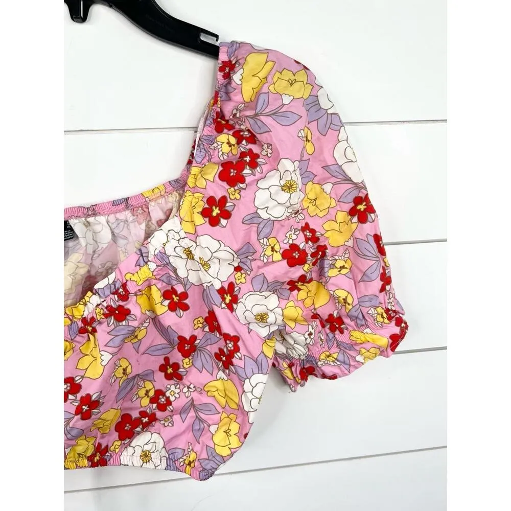 Vero Moda Pink Floral Print Puff Sleeve Tie Front Crop Blouse Size XL - Image 6