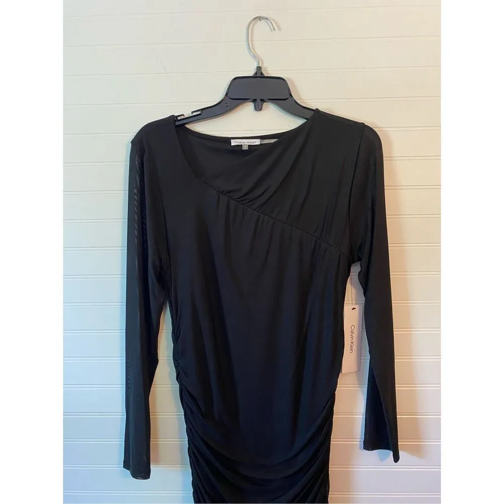 Calvin Klein Women's Asymmetric Hem Ruched Midi Black Sheath Dress - Image 12