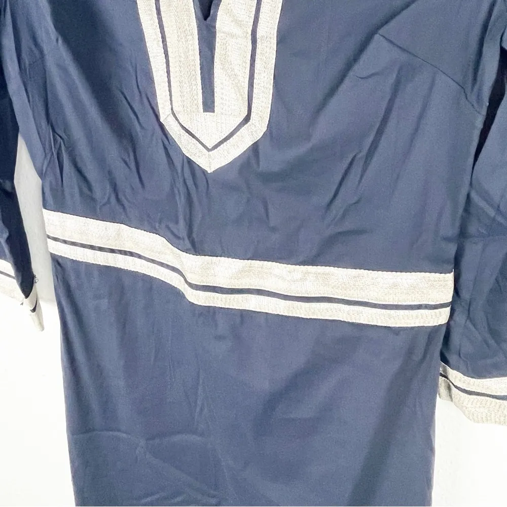 TORY BURCH Megan Navy Blue Silver Trim 3/4 Sleeves V-Neck Kaftcan Dress, Size 2 - Image 5