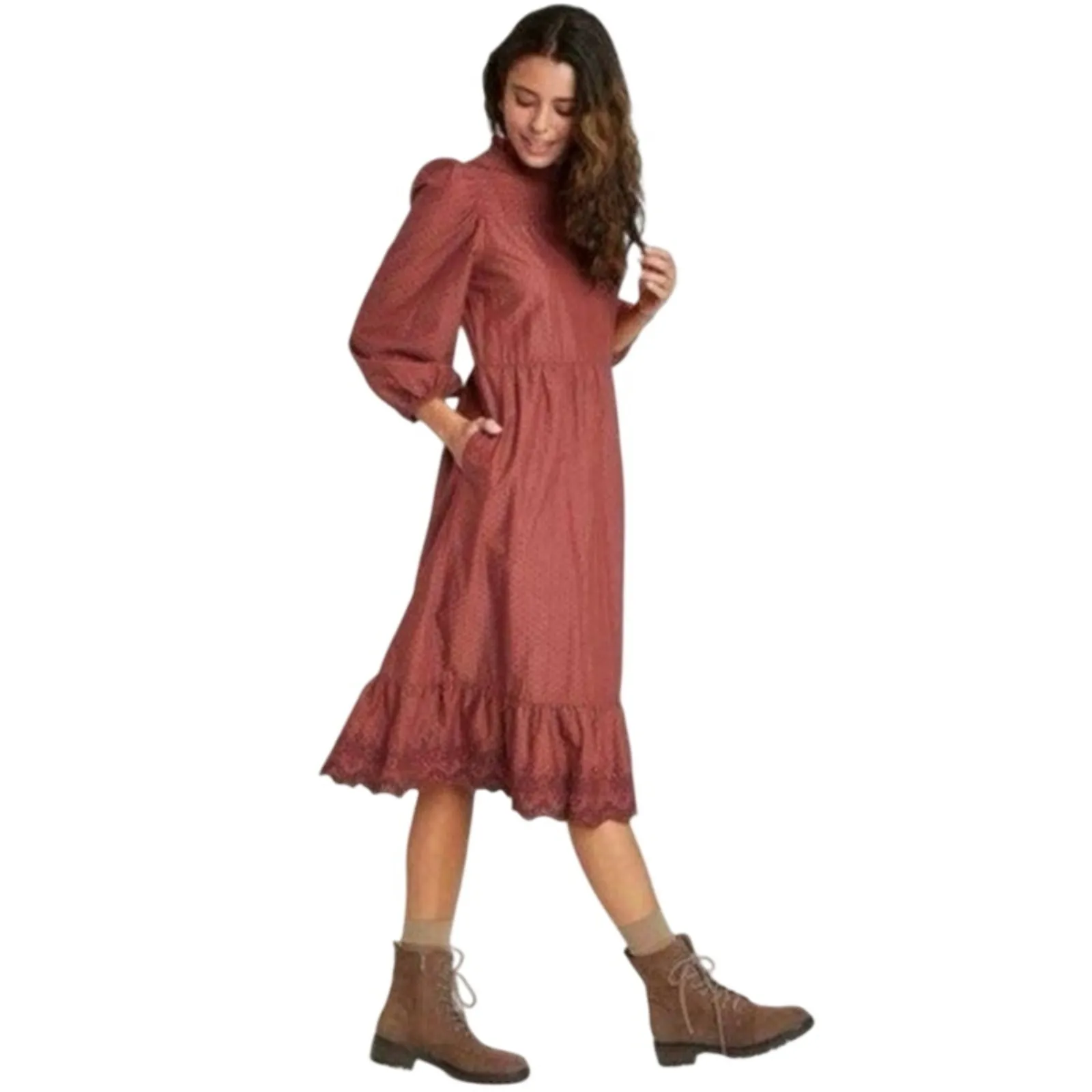 Long Sleeve Midi Burgundy Dress Universal Thread Target embroidered Lace detail - Image 3