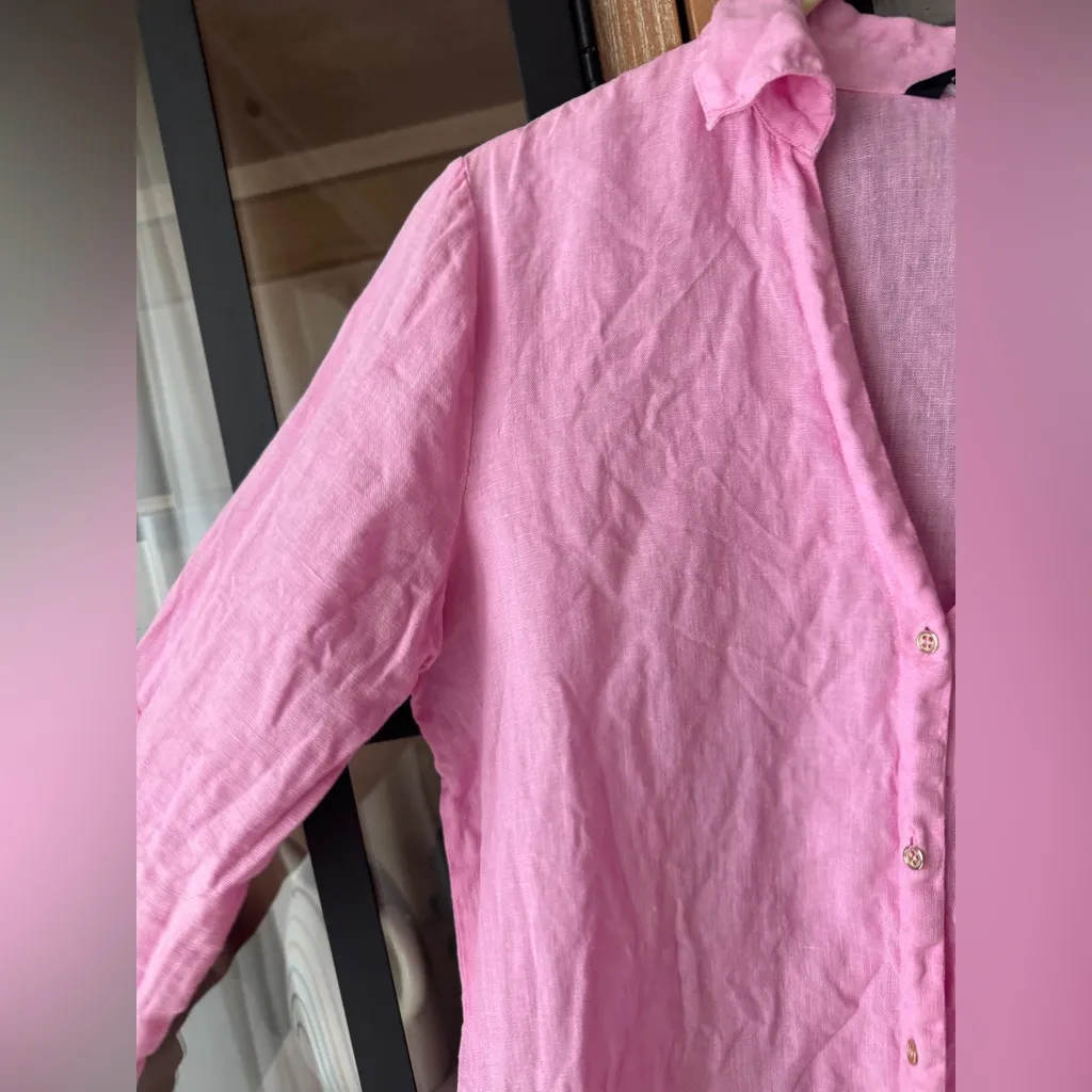 Zara linen button down shirt long sleeve bubblegum pink top gold buttons collar - Image 7