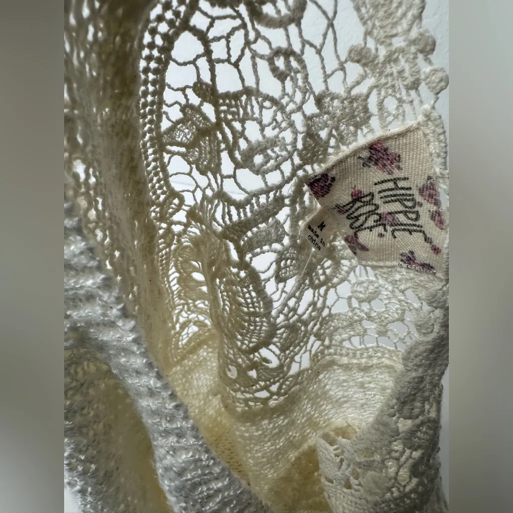 Hippie Rose Sweater Womens Size M Knitted Ivory Beige Pullover Boho Peasant Work - Image 11