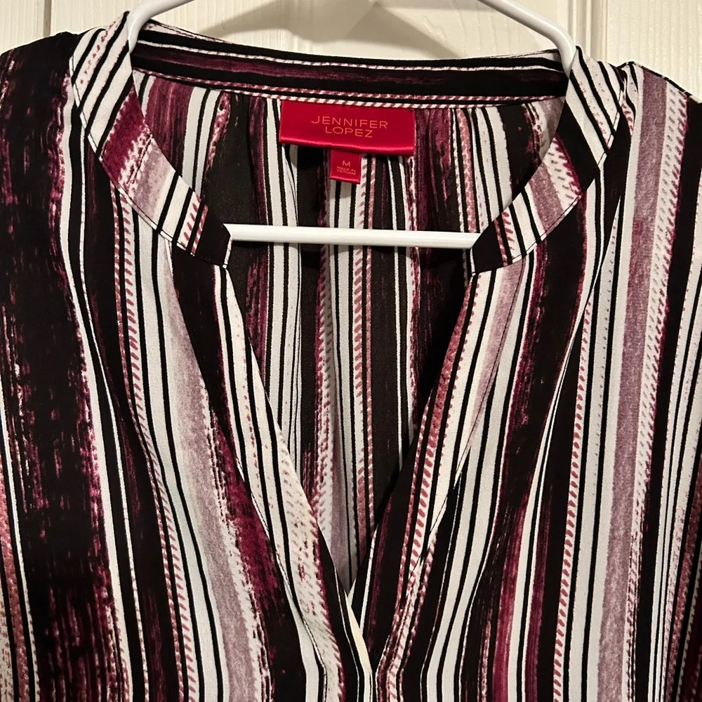 Jennifer Lopez Striped Purple Print V Neck Blouse size M - Image 2