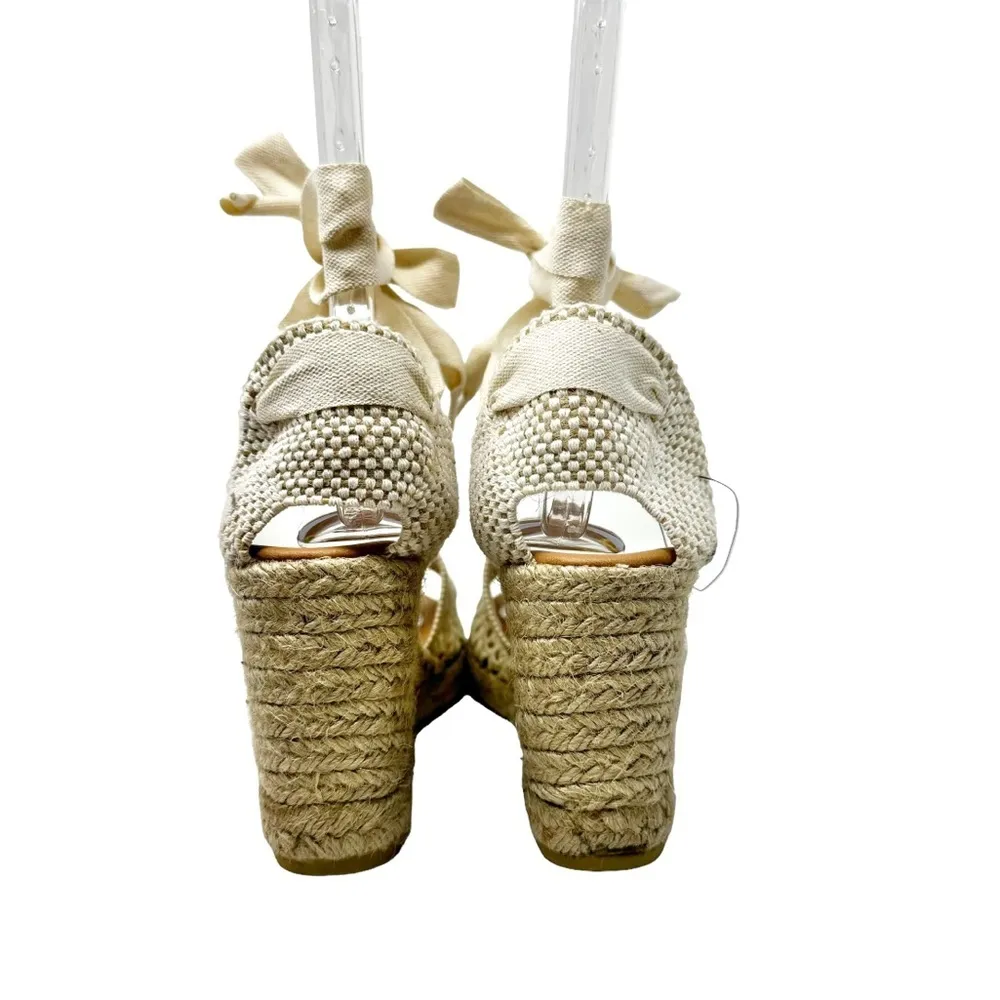 Maypol NEW Crochet Espadrille Wedge Sandals Peep Toe Ankle Wrap Cream Size 41 - Image 9