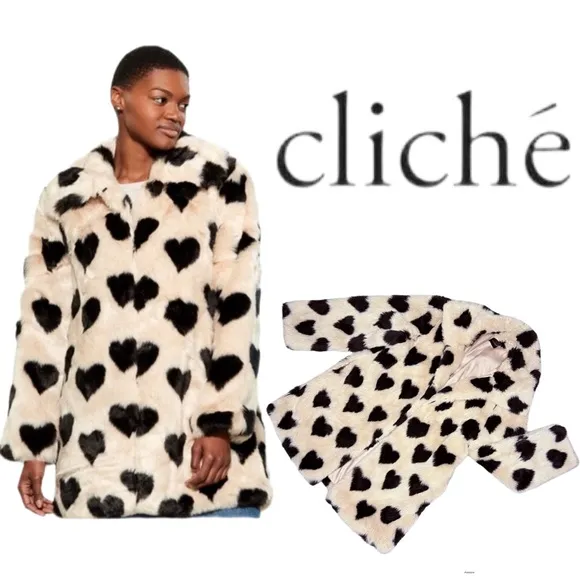 Cliche women’s faux fur queen of heart tan and black heart jacket / coat sz m Size M - Image 2