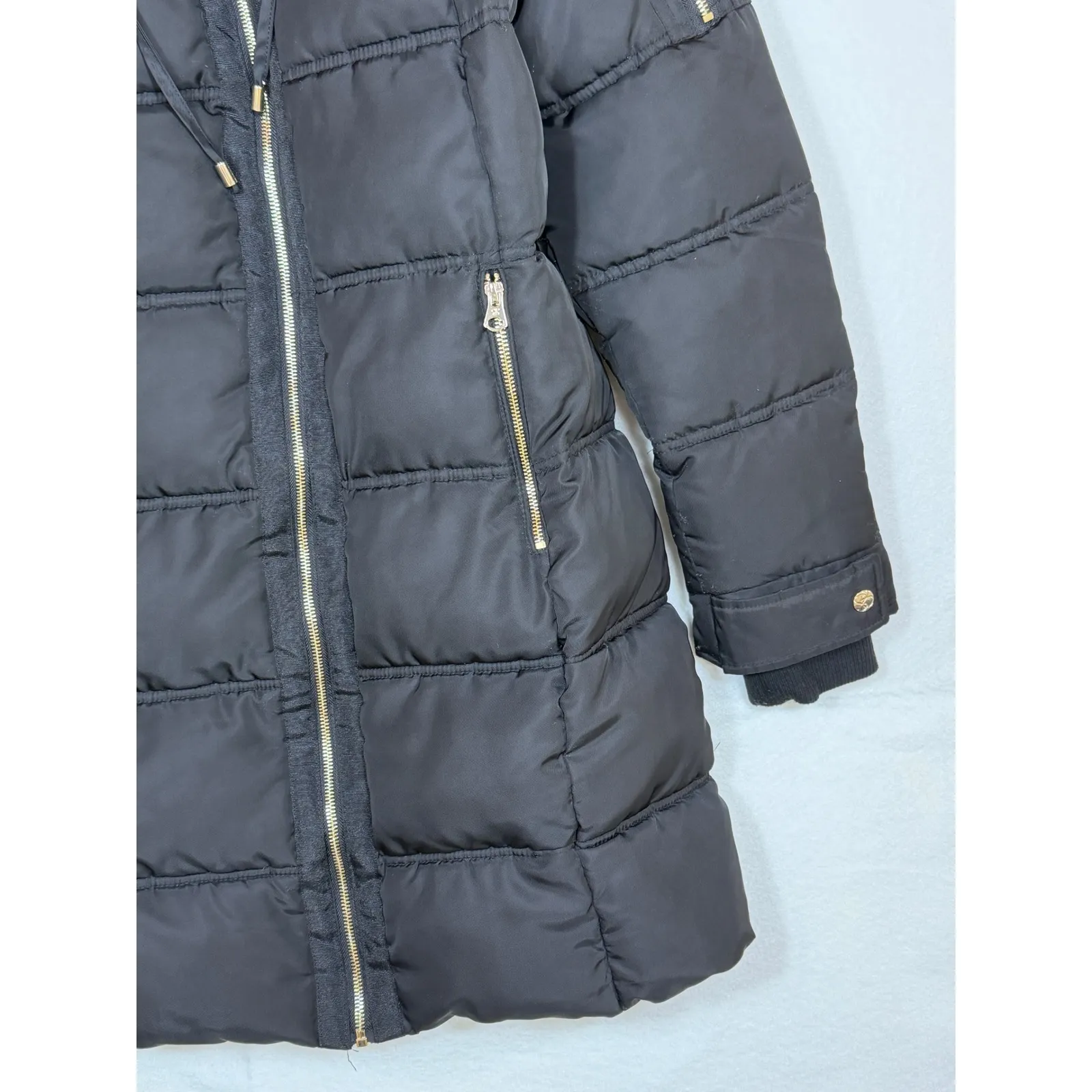 Jessica Simpson Puffer Coat Hooded Faux Fur Trim Black Gold Zip Women's M - Image 10