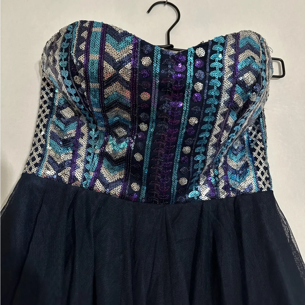 Nights by Teeze Me Strapless Sequin Corset Tulle Party Dress Y2K Blue Juniors 1 - Image 3