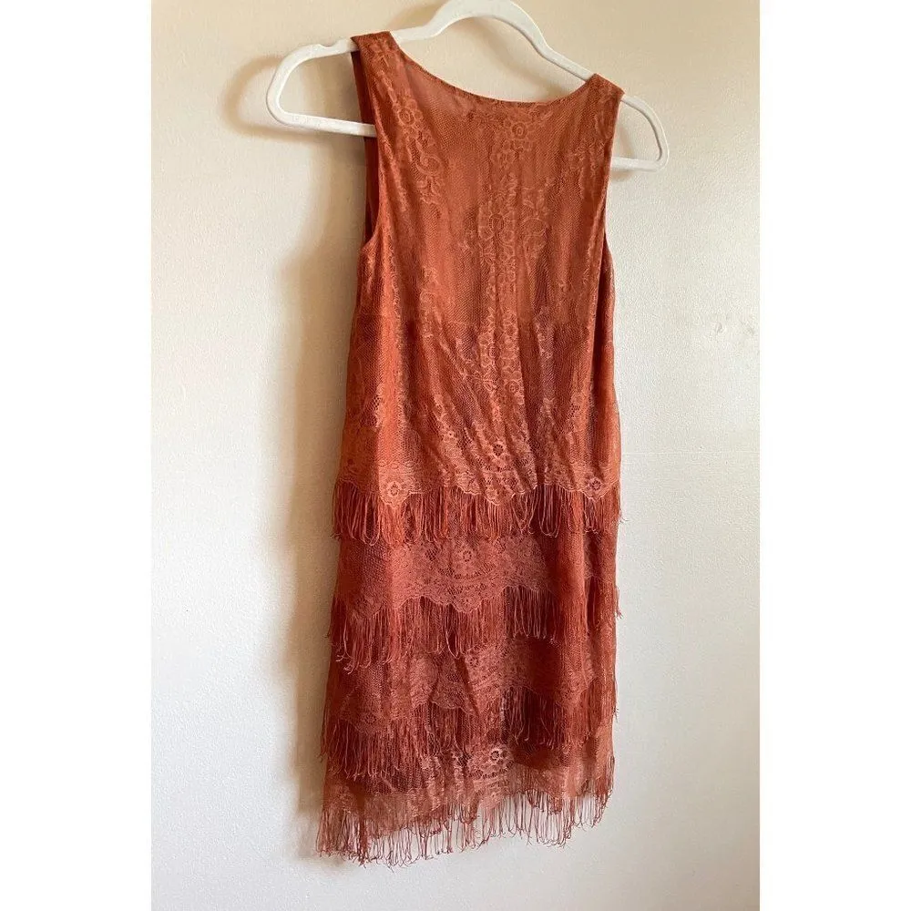 Lush womens rust layered fringe dress XS - Image 15