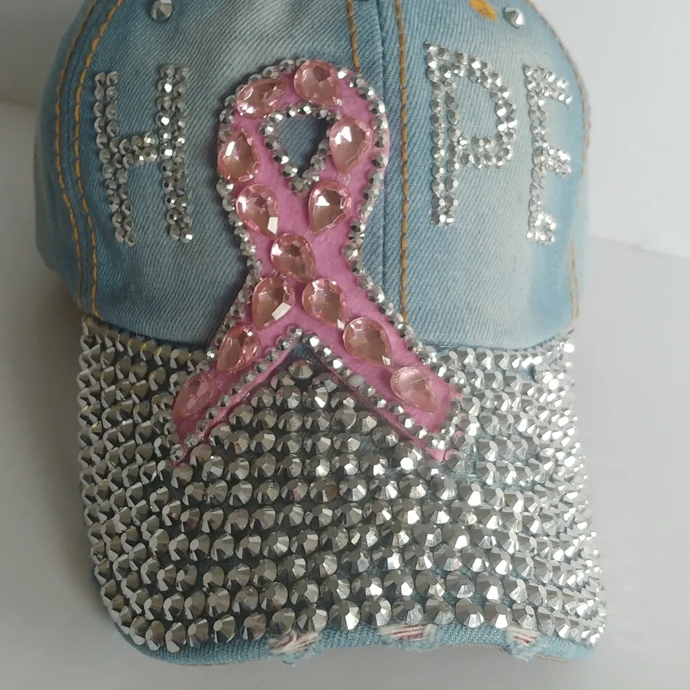 Denim Bling Hat HOPE Pink Ribbon Breast Cancer Awareness - Image 5