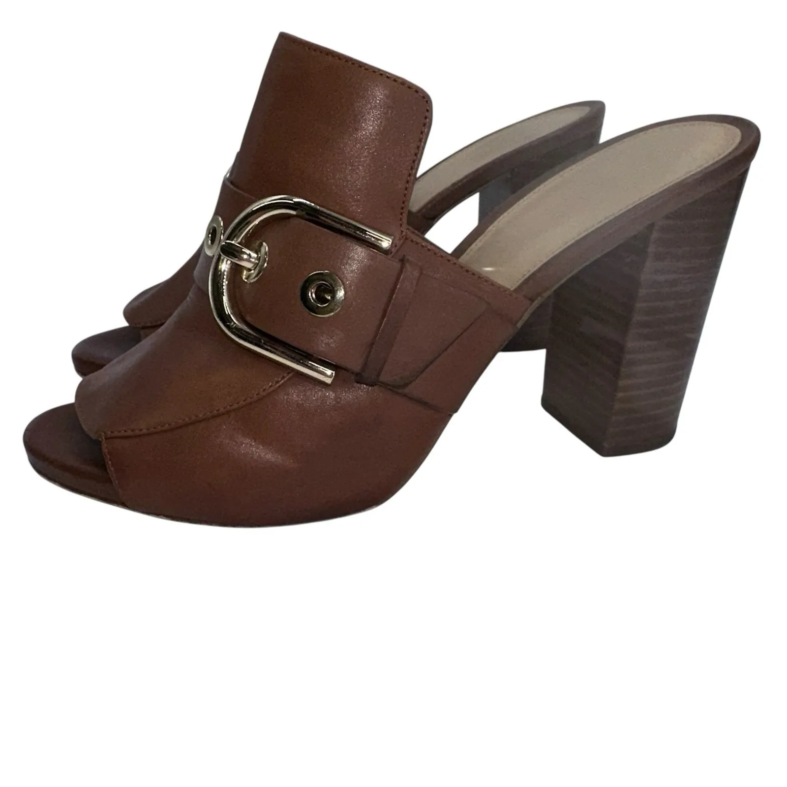 Michael Kors Brown Leather Slip‎ On Open Toe Heels Mules Slides Size 9M Gold - Image 4