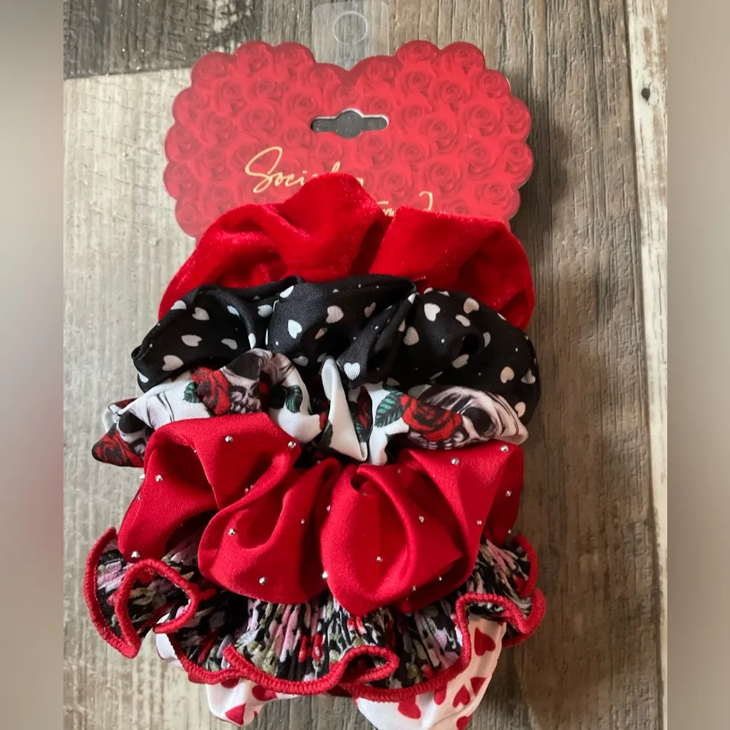 Red & Black Scrunchie Set. Includes Six Red, Black & White Patterned Scrunchies - Image 3