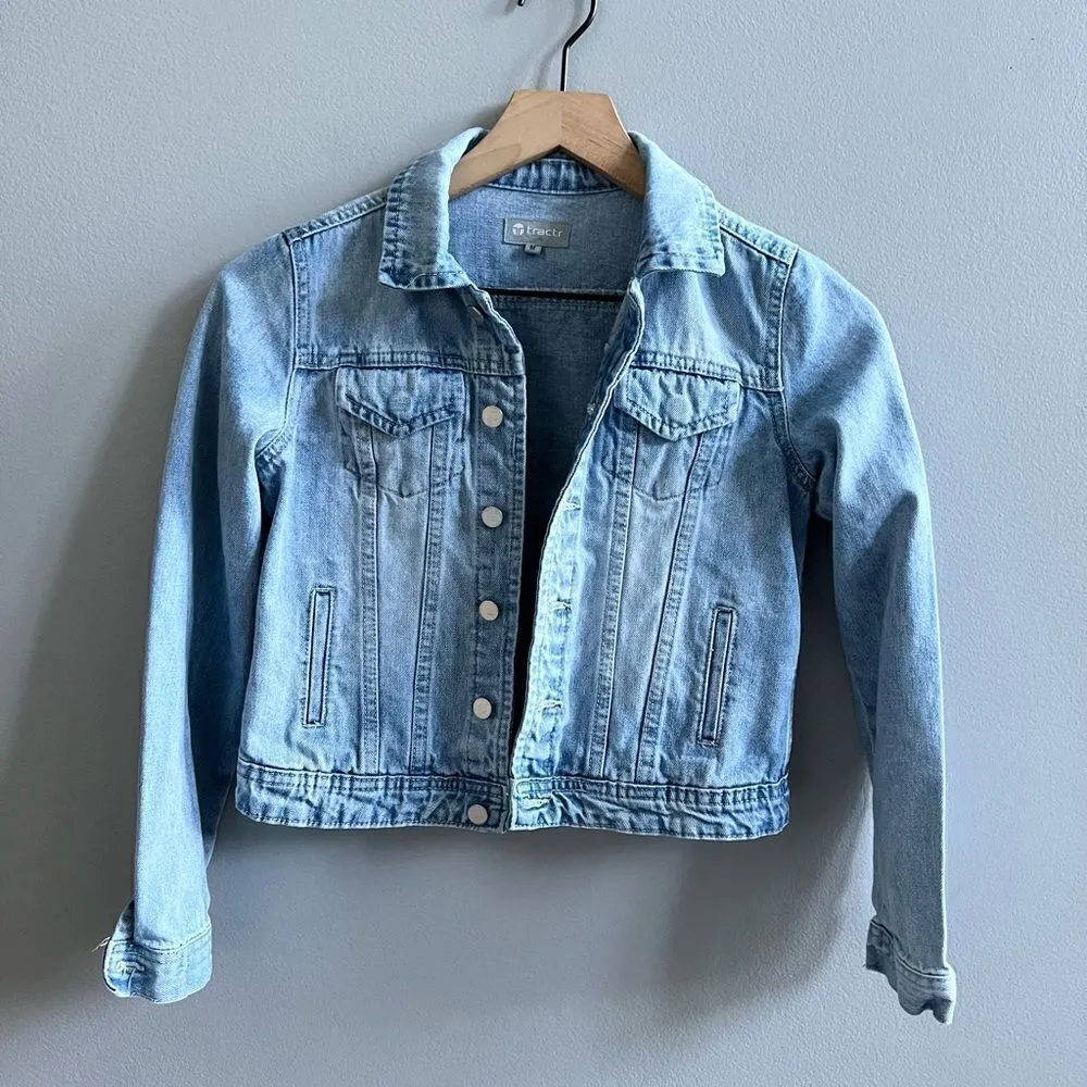 Tractr Jean Jacket Cropped Denim Size Medium Light Blue Wash Blue - Image 3