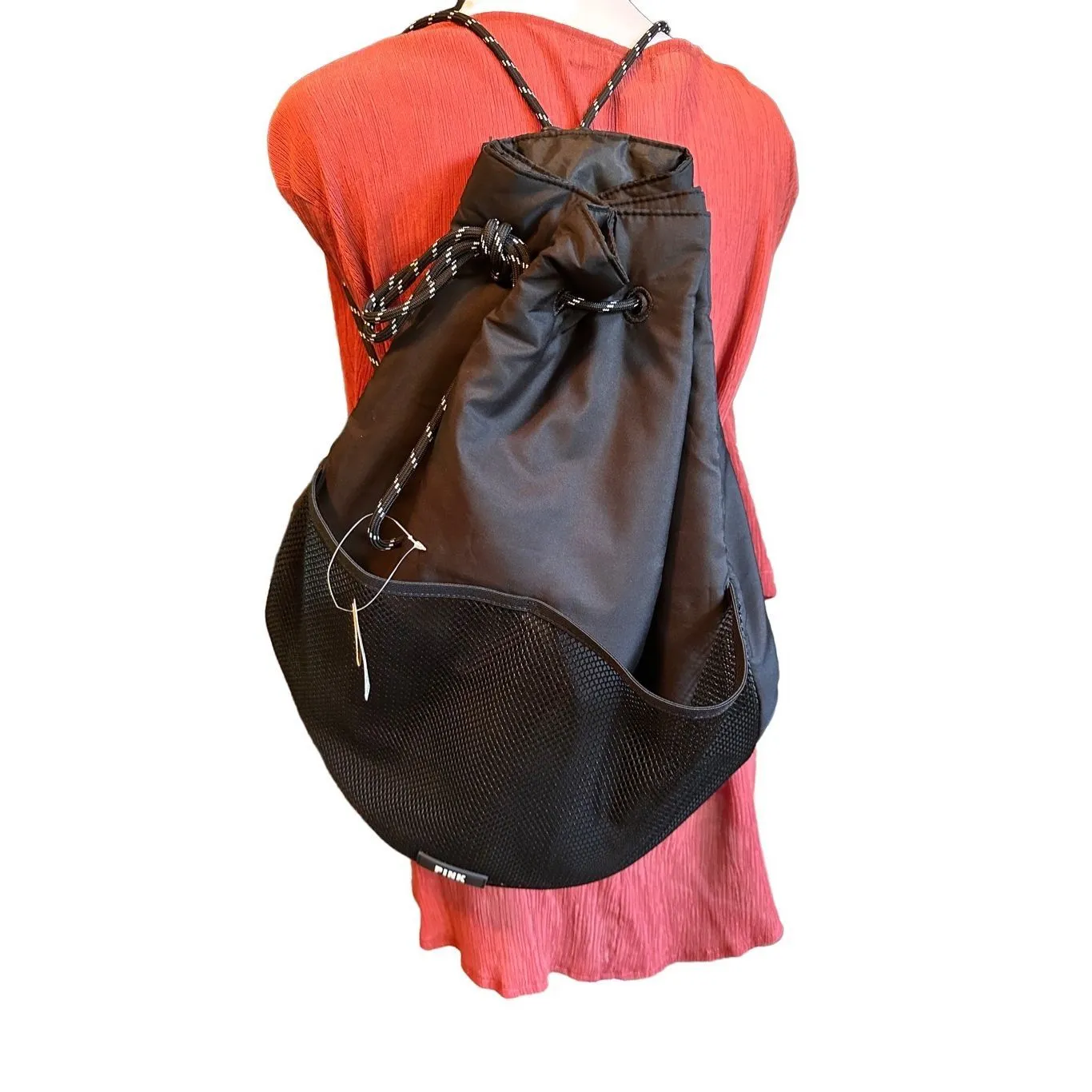 VICTORIA'S SECRET PINK DRAWSTRING MESH BACKPACK PURE BLACK NWT - Image 2