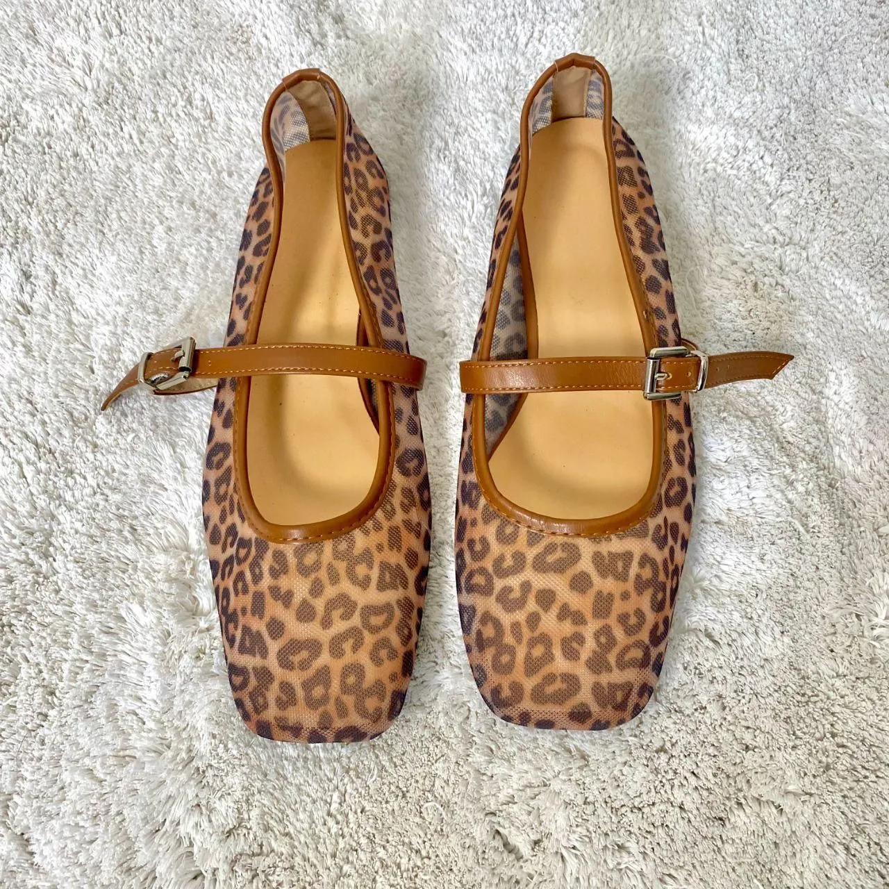 NEW Mary Jane Square Toe Mesh Tan Brown Leopard Ballerina Shoes US 7.5 - Image 4