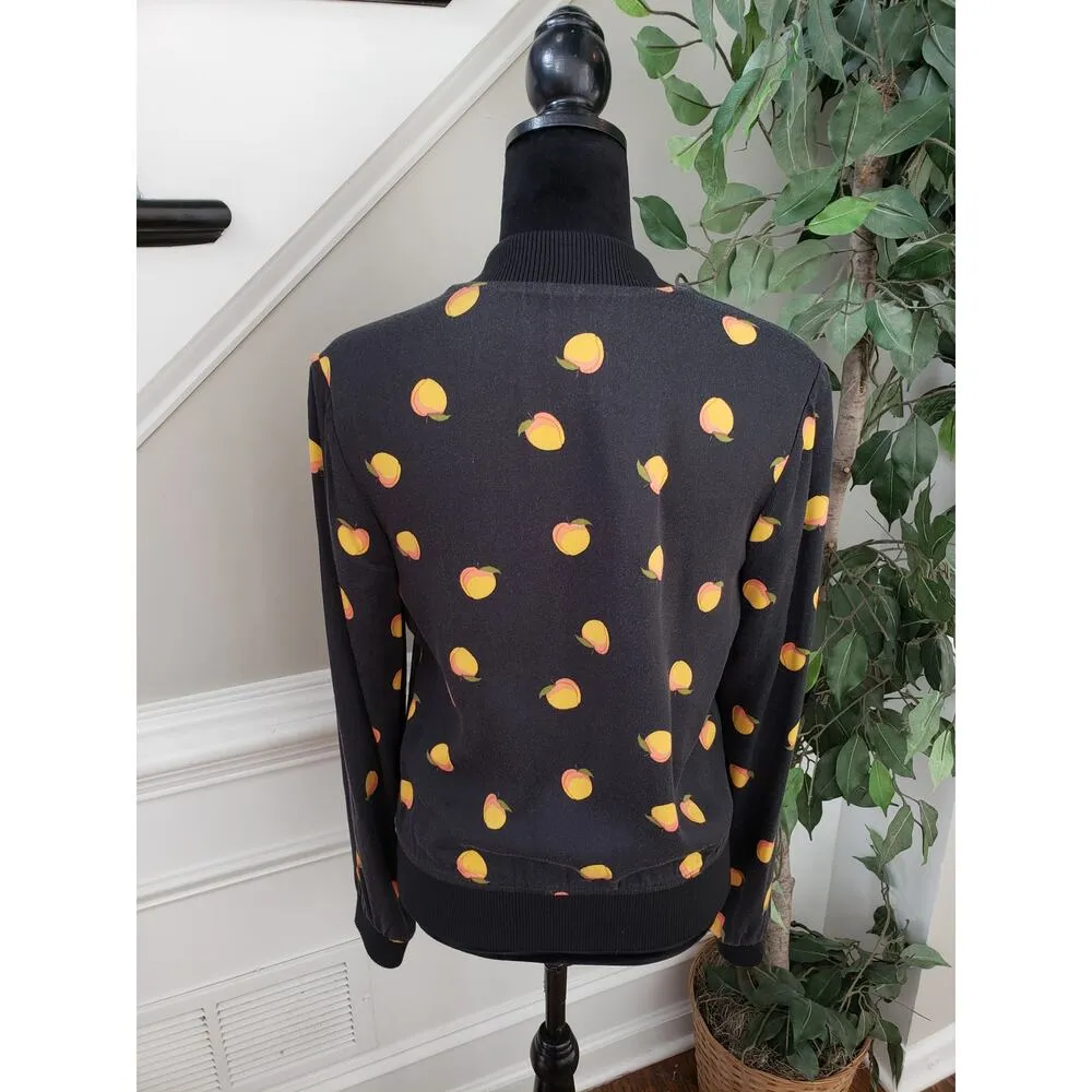 Alternative Bomber Jacket Women M Black Peach Print Lightweight Zip Front - Image 7
