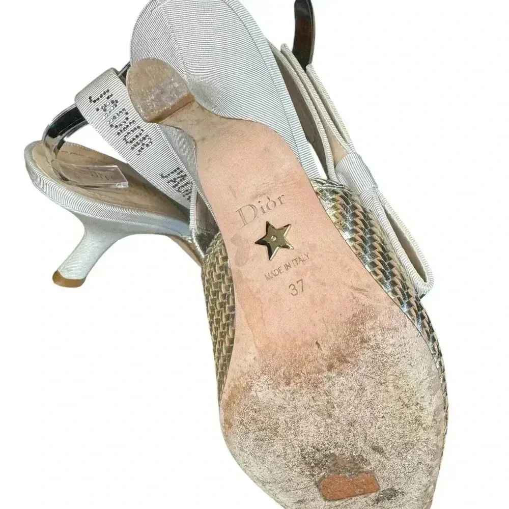Christian Dior Nude Chrome Shoes With Crystal On The Side Ribbon Band. - Image 14