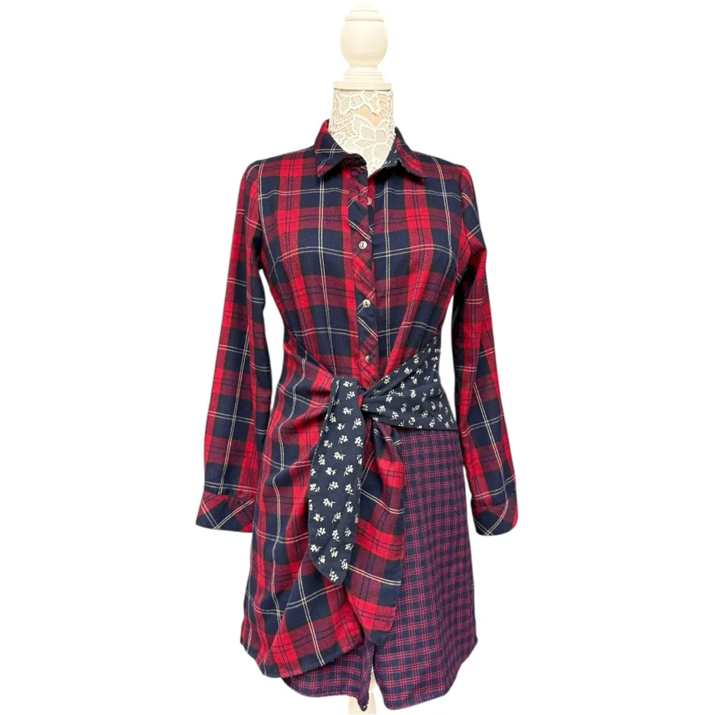 Urban Outfitters Skies Are Blue Red Navy Plaid Mixed Print Shirt Dress Small GUC - Image 3