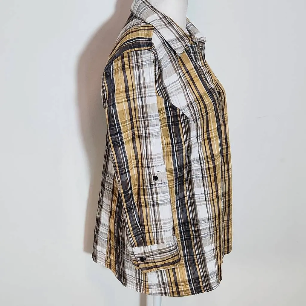 Christopher & Banks Brown Plaid Button Down Shirt Size Medium Textured Plaid Top - Image 4