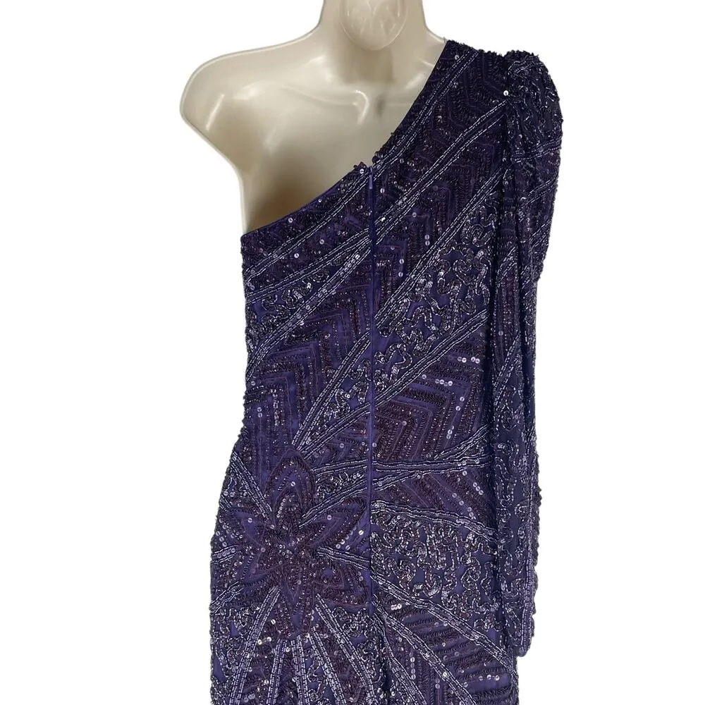 Mac Duggal Beaded One Shoulder Evening Gown Aubergine 5649 Size 6 - Image 10