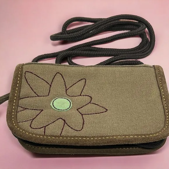 Zennia Khaki Suede Leather Canvas Crossbody Bag Wallet Embroidered NWOT - Image 1