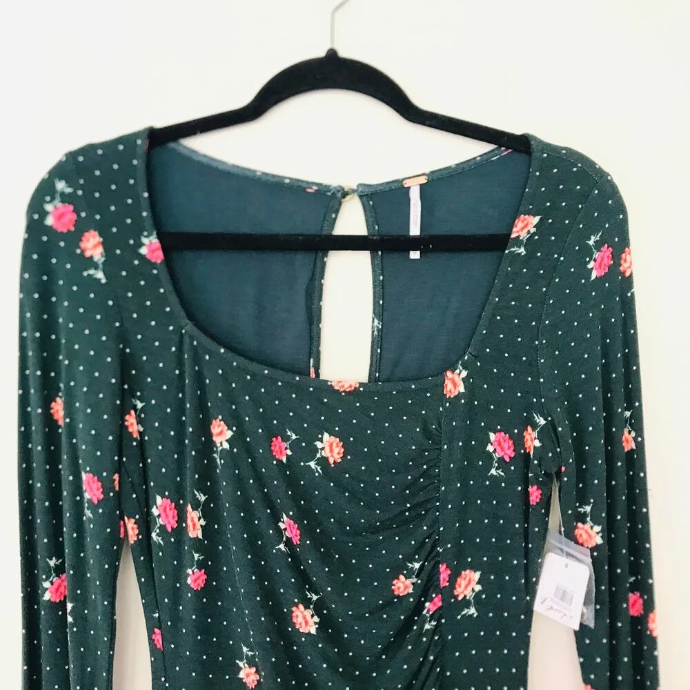 New Free People Celia Mini Dress Green Floral Long Sleeves Ruched Women Size XS - Image 8