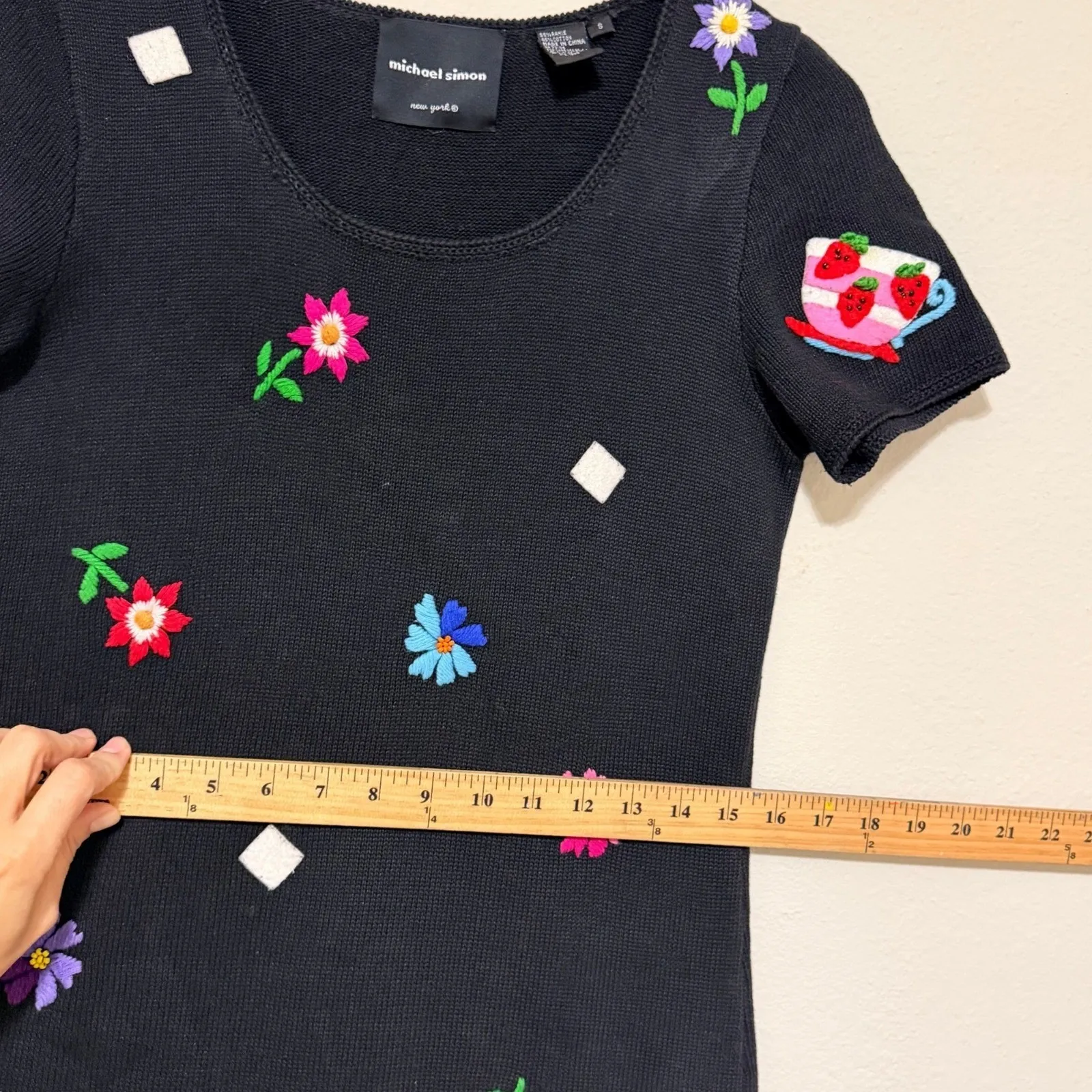 Michael Simon Black Knit Dress Embroidered Teacups Flowers Whimsical Size Small - Image 12