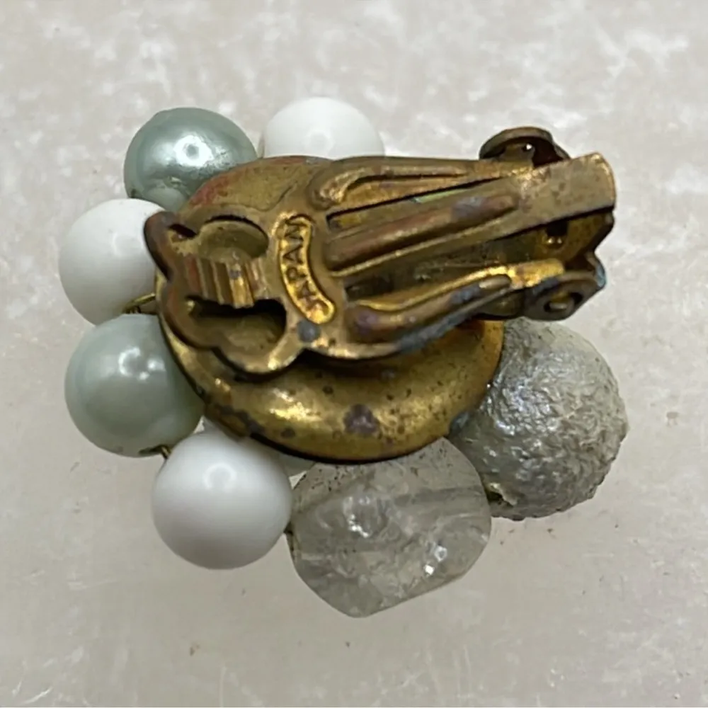 Japan cluster vintage clip on earrings green glass milk glass faux pearl style - Image 9