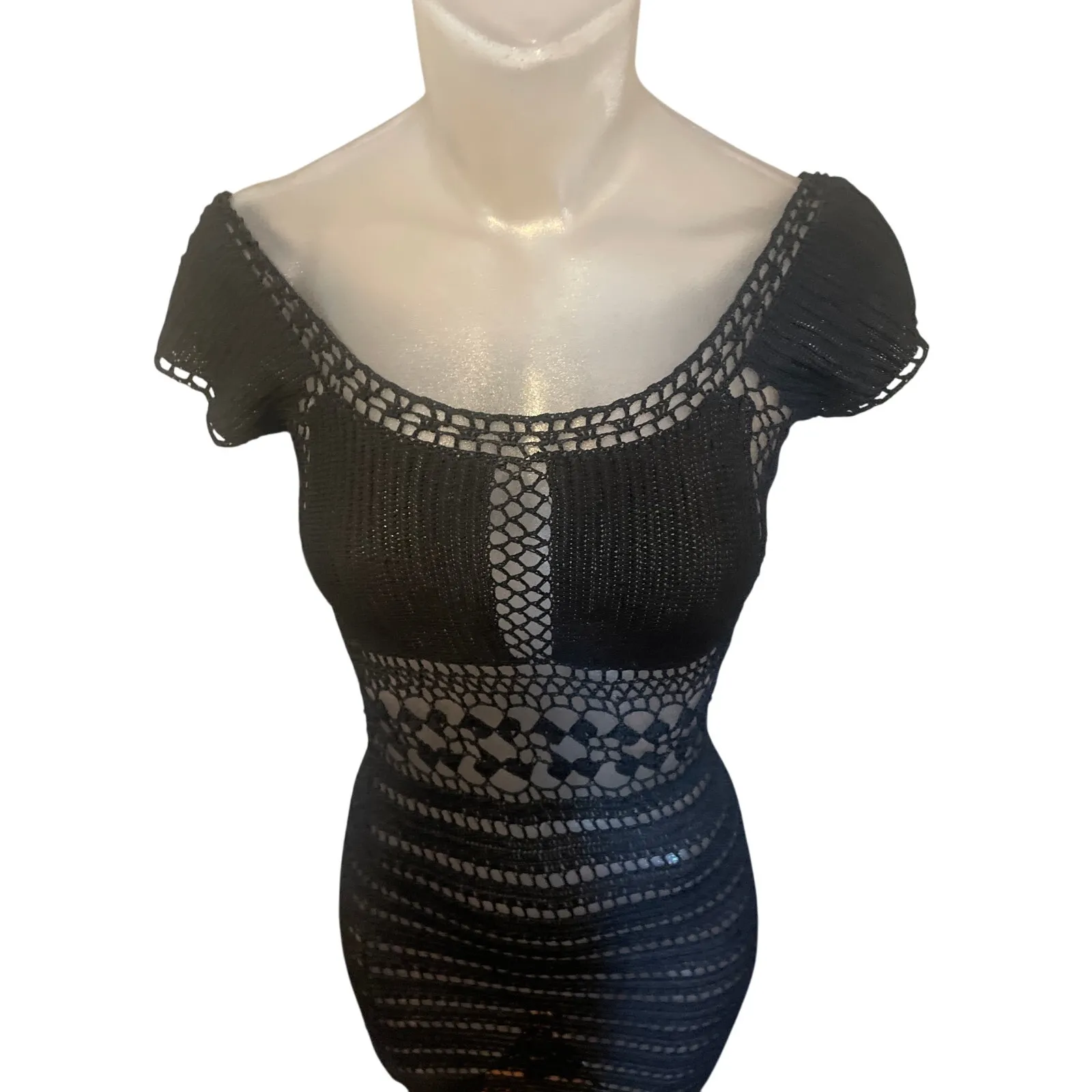 Vintage 90s Y2K HUGO BUSCATI Crochet Dress DARK COTTAGECORE Sheer Knit Fits Sz 0 Black - Image 2