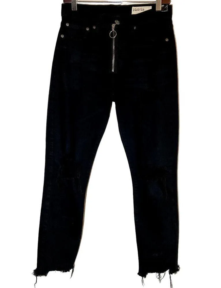 Pistola Nico Into the Void Distressed Mom Jean O Ring Zipper Raw Hem Black 26" - Image 2