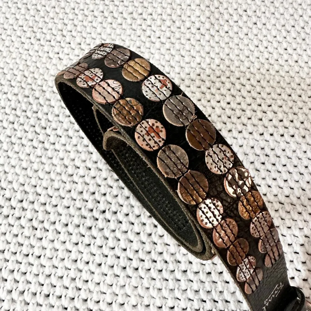 Fossil Vintage Black Leather Bronze Metallic Medallion Matte Geometric Belt M/L - Image 4