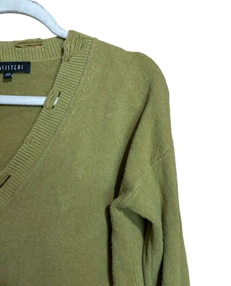 77 Sisters Sweater Womens Small Medium Green Distressed Pullover Sweatshirt - Image 3