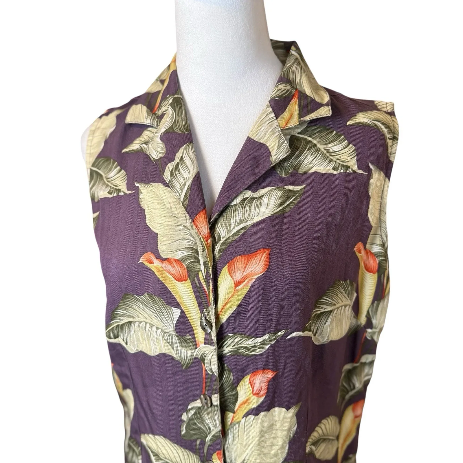 Tommy Bahama Womens 100% Silk Sleeveless Button Up Top Blouse Purple Floral SM - Image 2