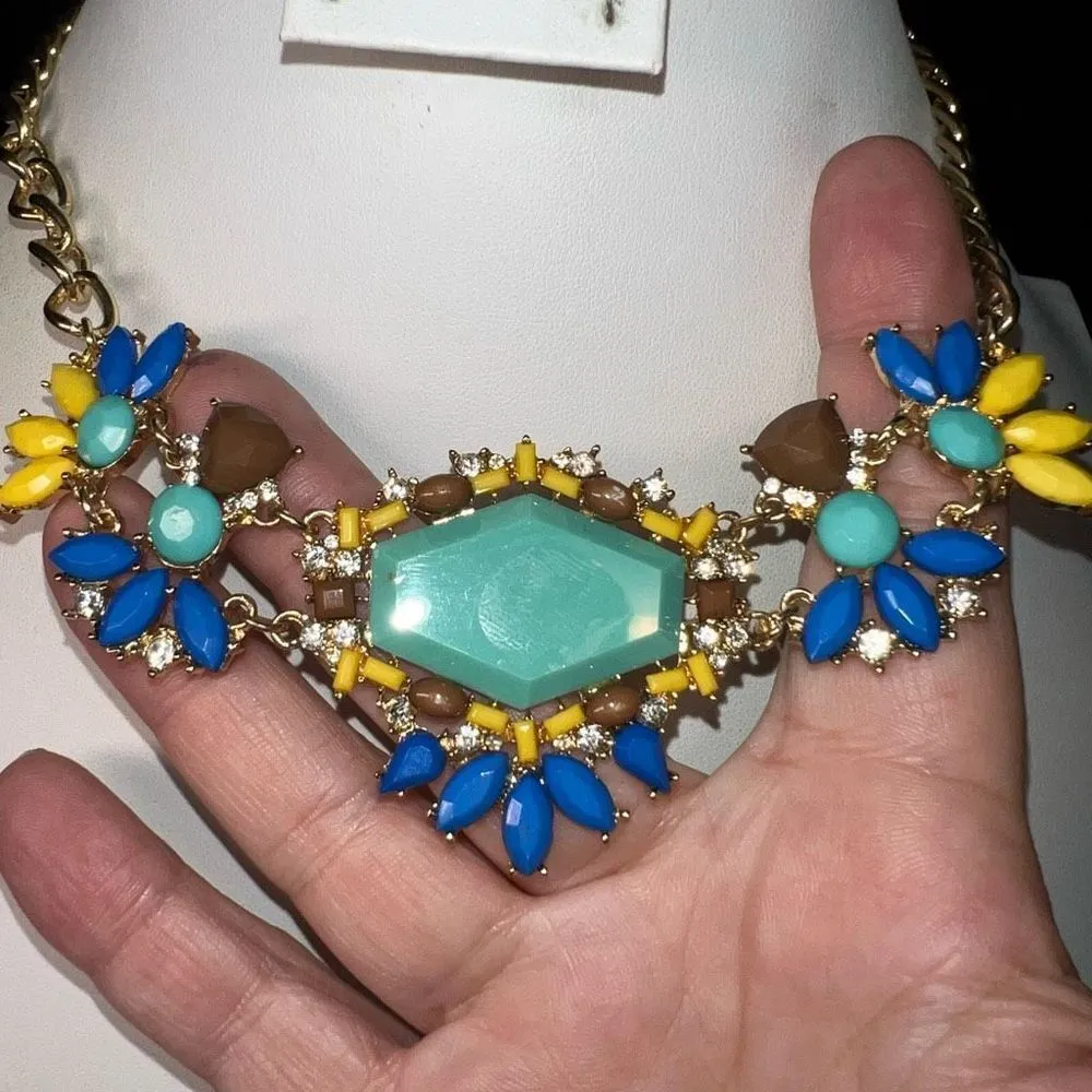 Colorful Gold Tone Deco Style Statement Bib Necklace - Image 5