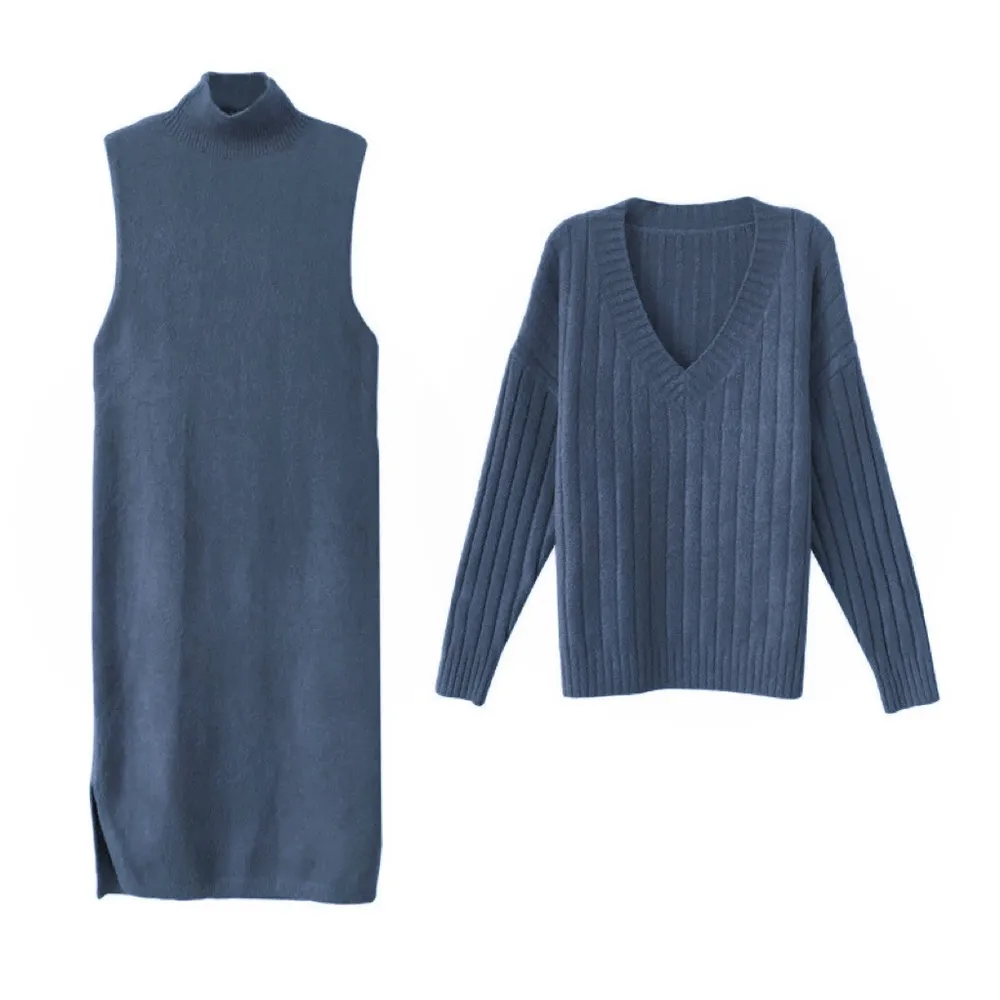 2 pcs sweater turtleneck bodycon dress set Blue - Image 3