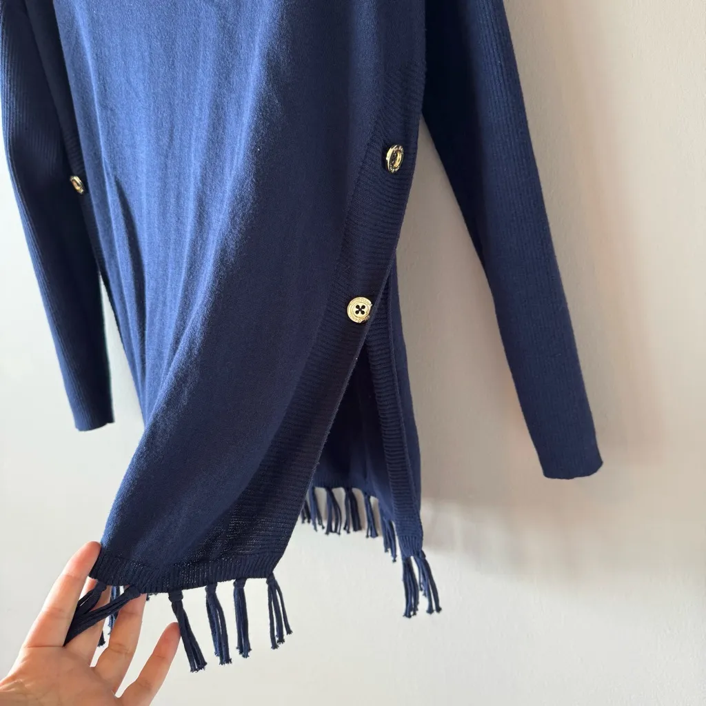 Lilly Pulitzer Women’s Ramona Fringe Sweater in Navy‎ Blue Gold Buttons Size XS - Image 14