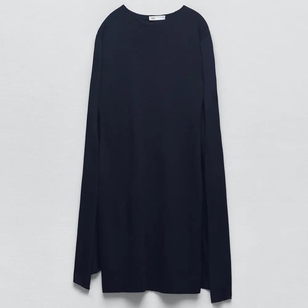 ZARA‎ New Navy Blue Elegant Round Neck Knit Cape Dress Slit Long Sleeves Size S - Image 6