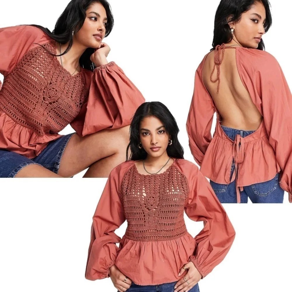 ASOS DESIGN long sleeve top with crochet detail and tie waist in Rust Size: 14 - Image 2