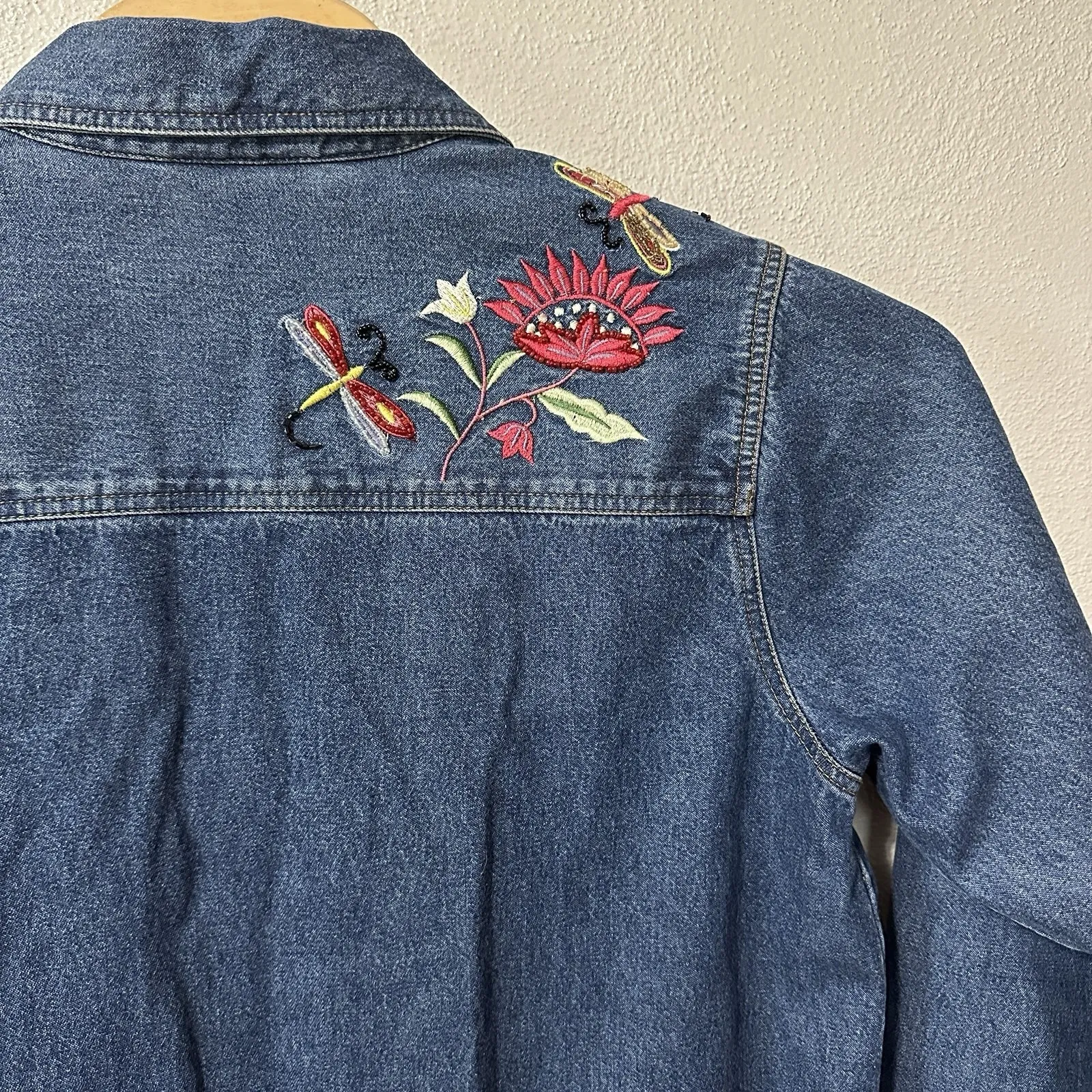 Quacker Factory Jean Jacket Size Large Denim Beaded Embroidered Floral Blue - Image 10