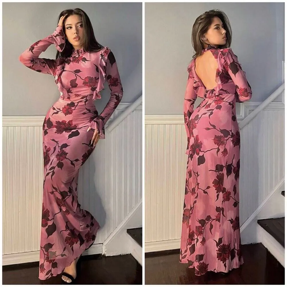 Shein Firerie Women's Vintage Floral Print Bodycon Dress With Ruffle Hem And Belt - Image 2