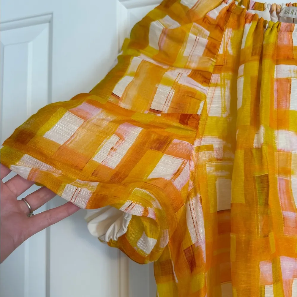 Marie Oliver Greta Puff Sleeves Golden Madras Mini Dress Sz Large - Image 8